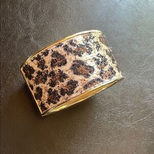 Women's Wide Leopard Print Gold Hinged Cuff Bangle Bracelet